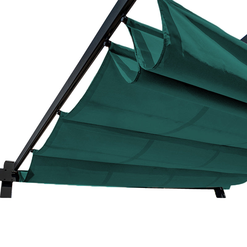 Retractable dark green Fadenomore™ pergola canopy fabric replacement, offering durable outdoor shade for sun and elements.