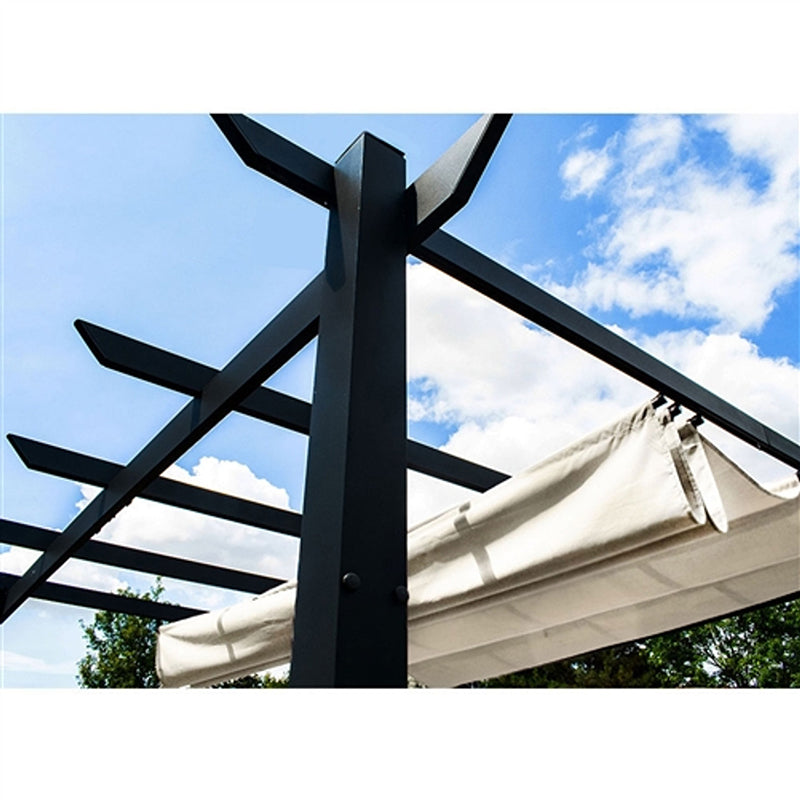 KGORGE black pergola with a partially retracted beige fabric canopy replacement, ideal for versatile outdoor shade.