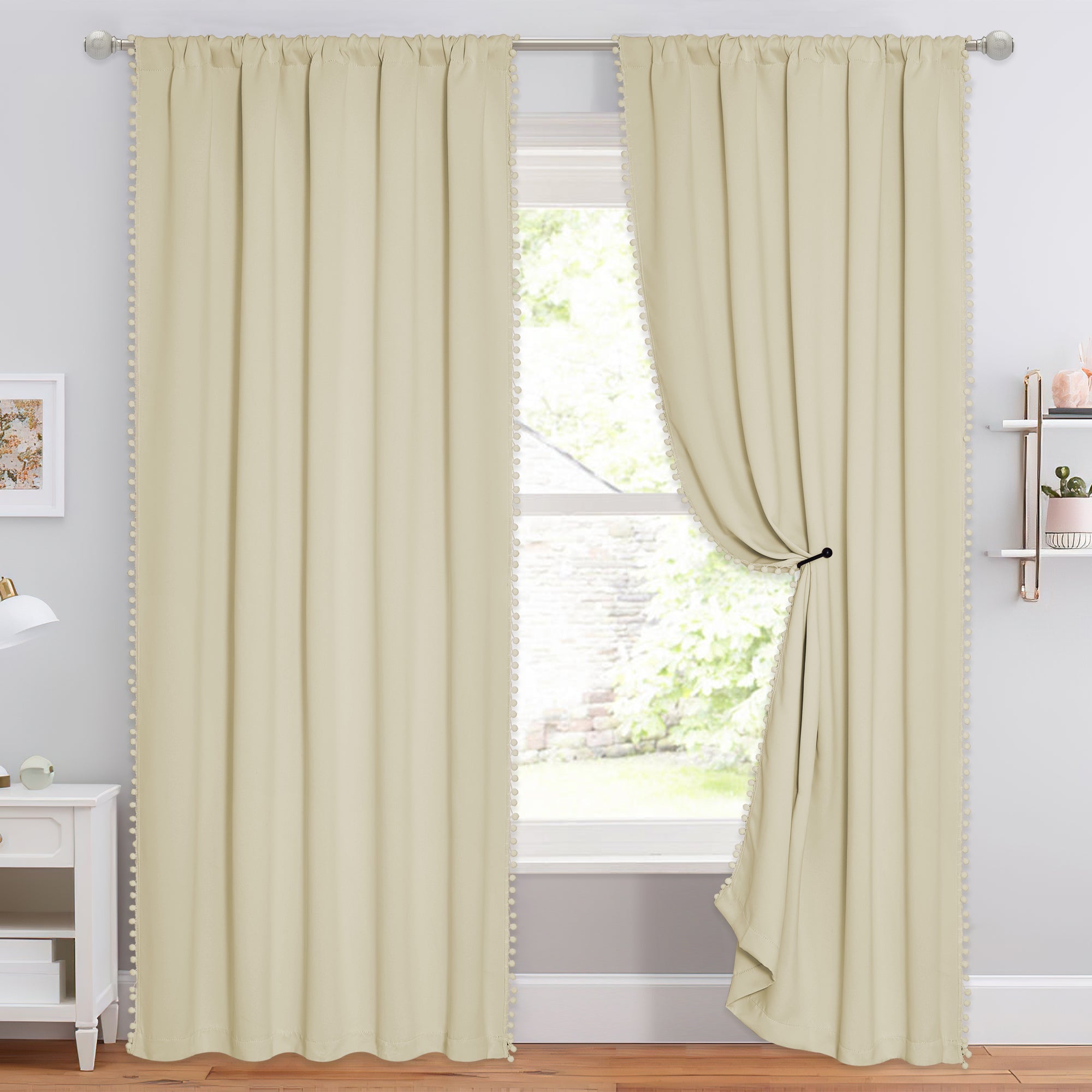 Pom Pom Rod Pocket Thermal Insulated Blackout Curtains For Living Room And Bedroom 2 Panels KGORGE Store