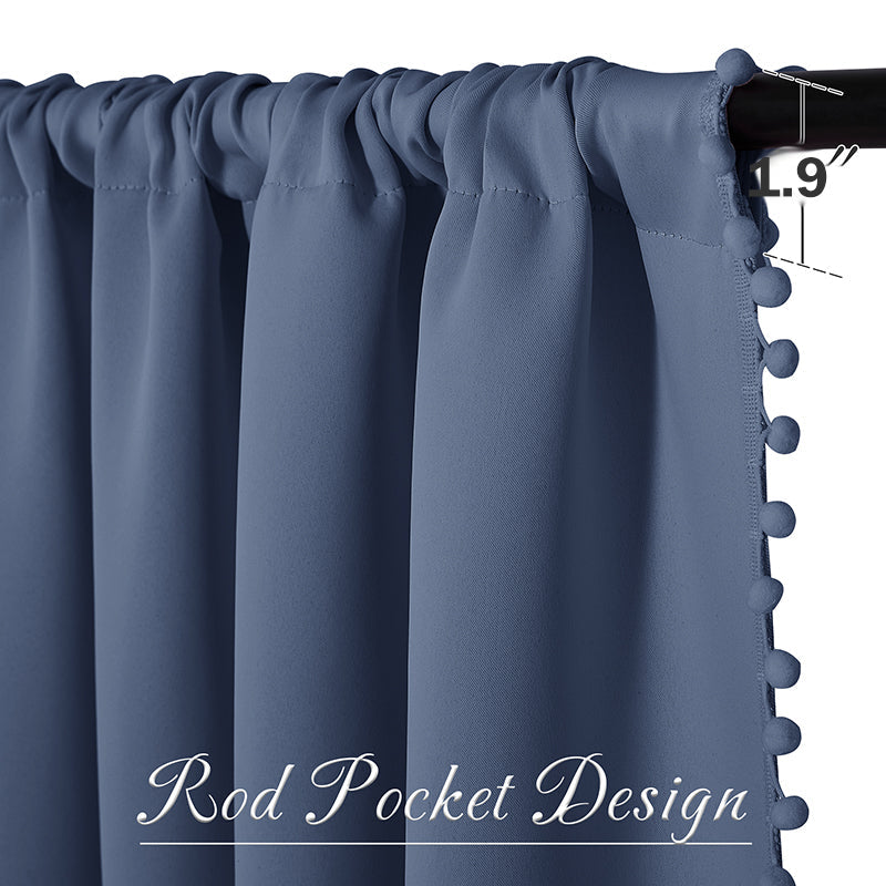 Pom Pom Rod Pocket Thermal Insulated Blackout Curtains For Living Room And Bedroom 2 Panels KGORGE Store
