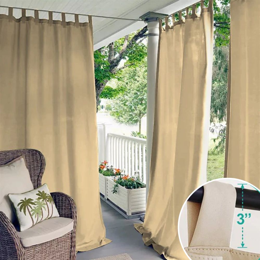 KGORGE tan waterproof tab top outdoor curtains on a porch deck, providing privacy & shade. Inset highlights 3" tab hanging style.