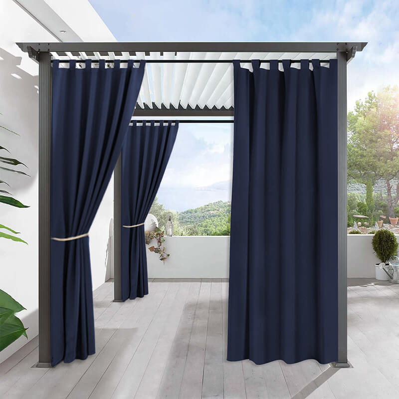 KGORGE navy waterproof tab top outdoor curtains on a modern patio pergola, providing shade and privacy for outdoor living.