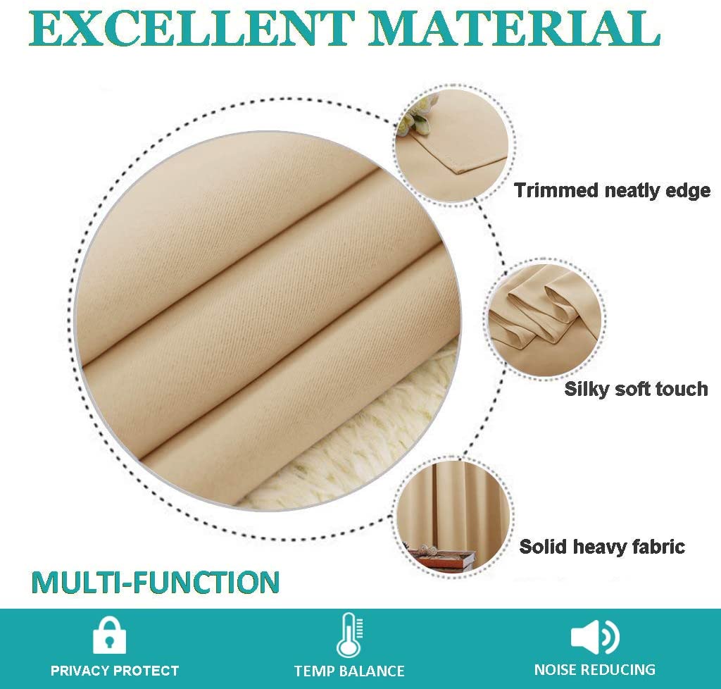 Heavy-duty beige waterproof outdoor curtain fabric close-up showing silky-soft texture, neatly trimmed edge, and hanging porch panel.