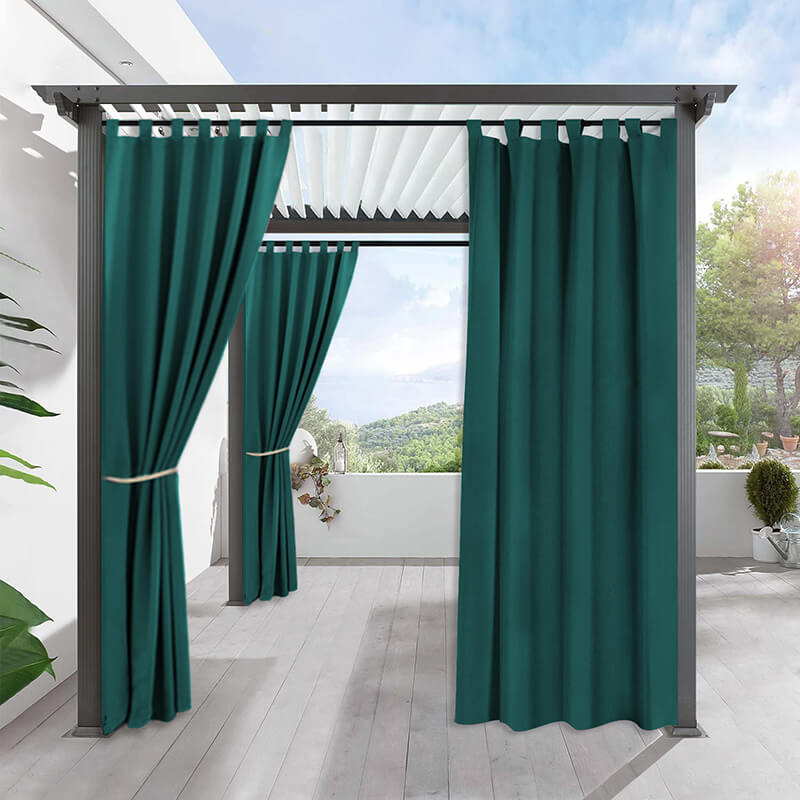 KGORGE waterproof tab top outdoor curtains in deep teal on a modern pergola, enhancing patio privacy & shade.