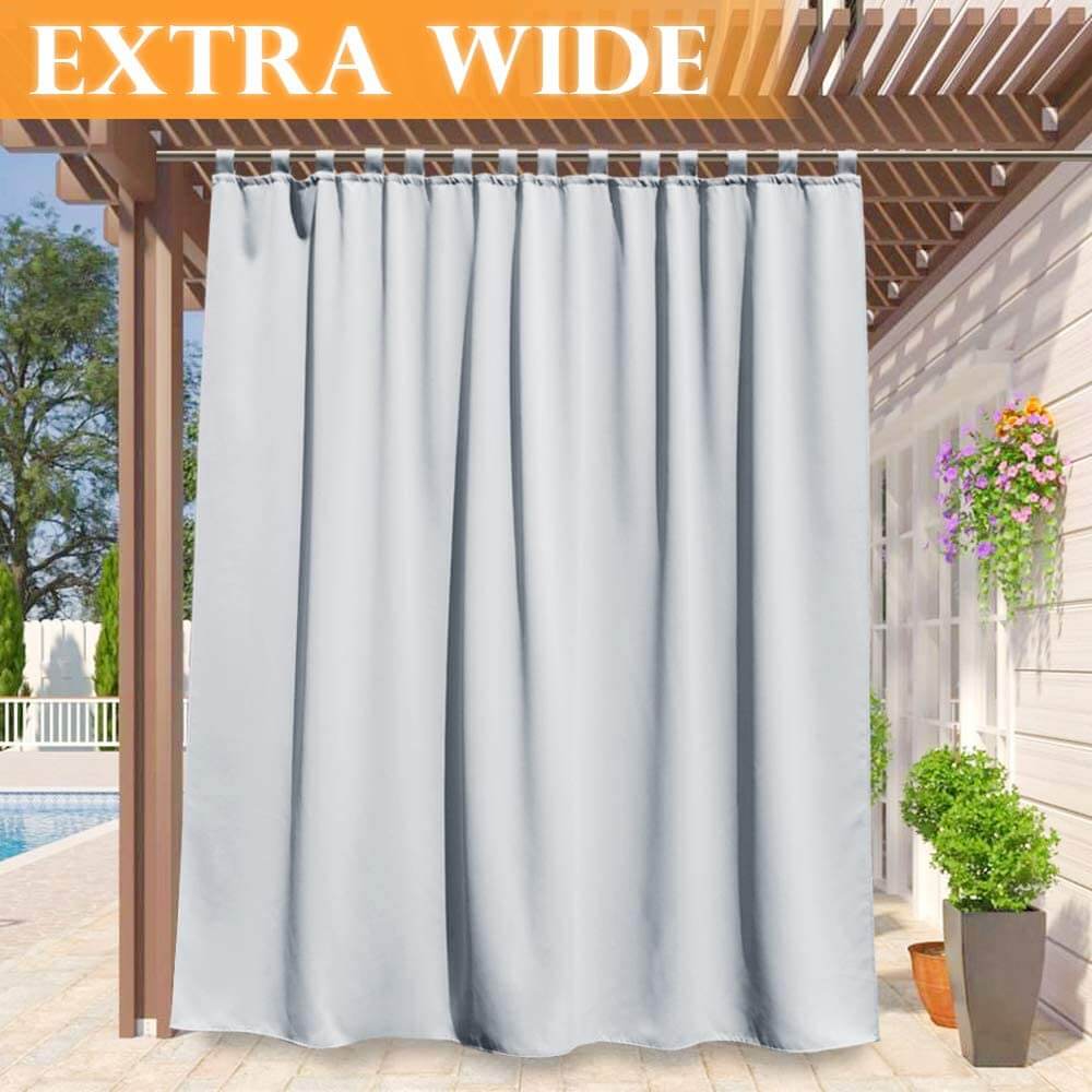 Light grey waterproof tab top outdoor curtain panel hanging from a pergola, perfect for porch, deck, or patio privacy.