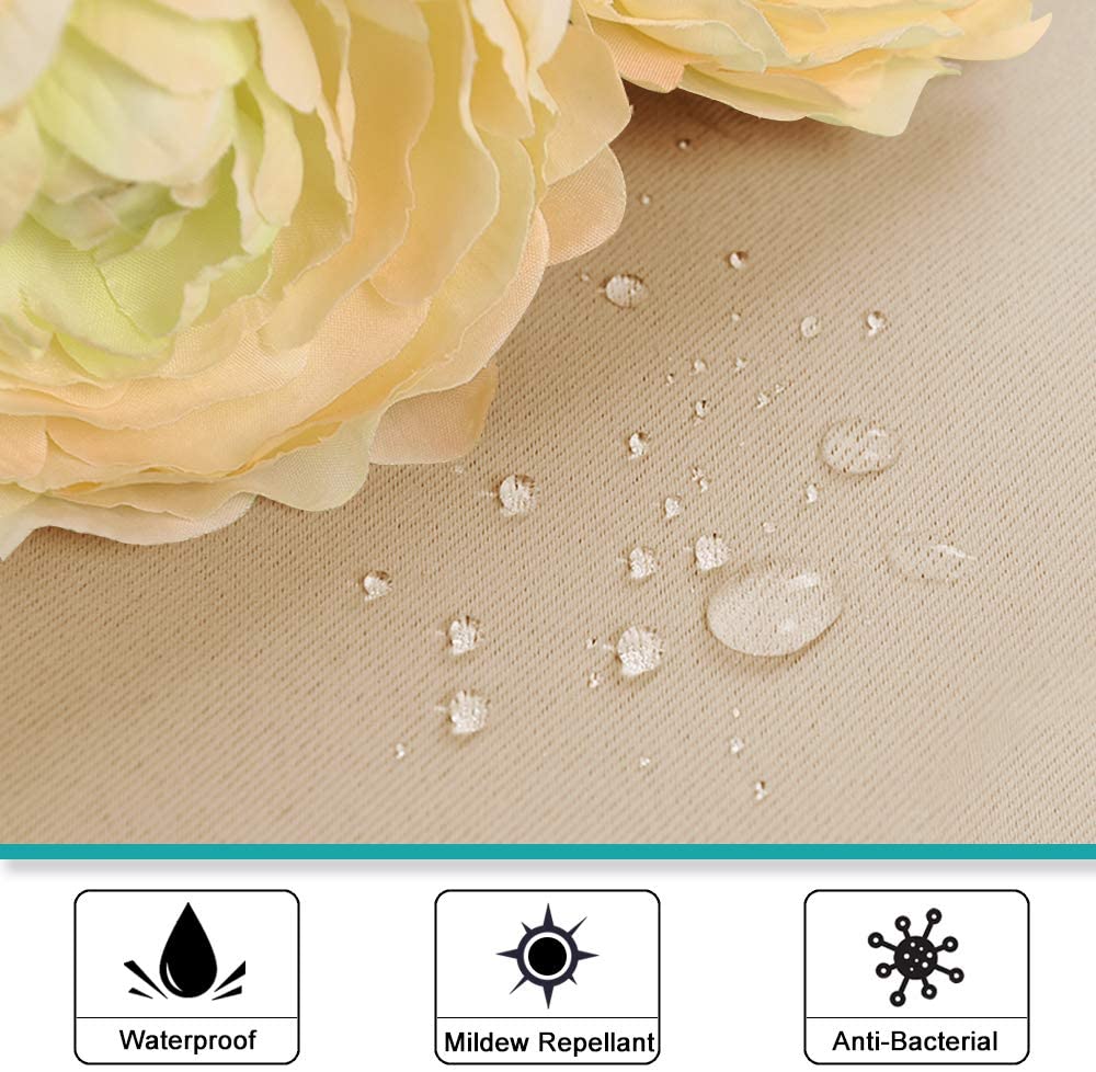 Close-up of beige waterproof outdoor curtain fabric with water beading. Highlights mildew repellant and anti-bacterial features for porch/deck.