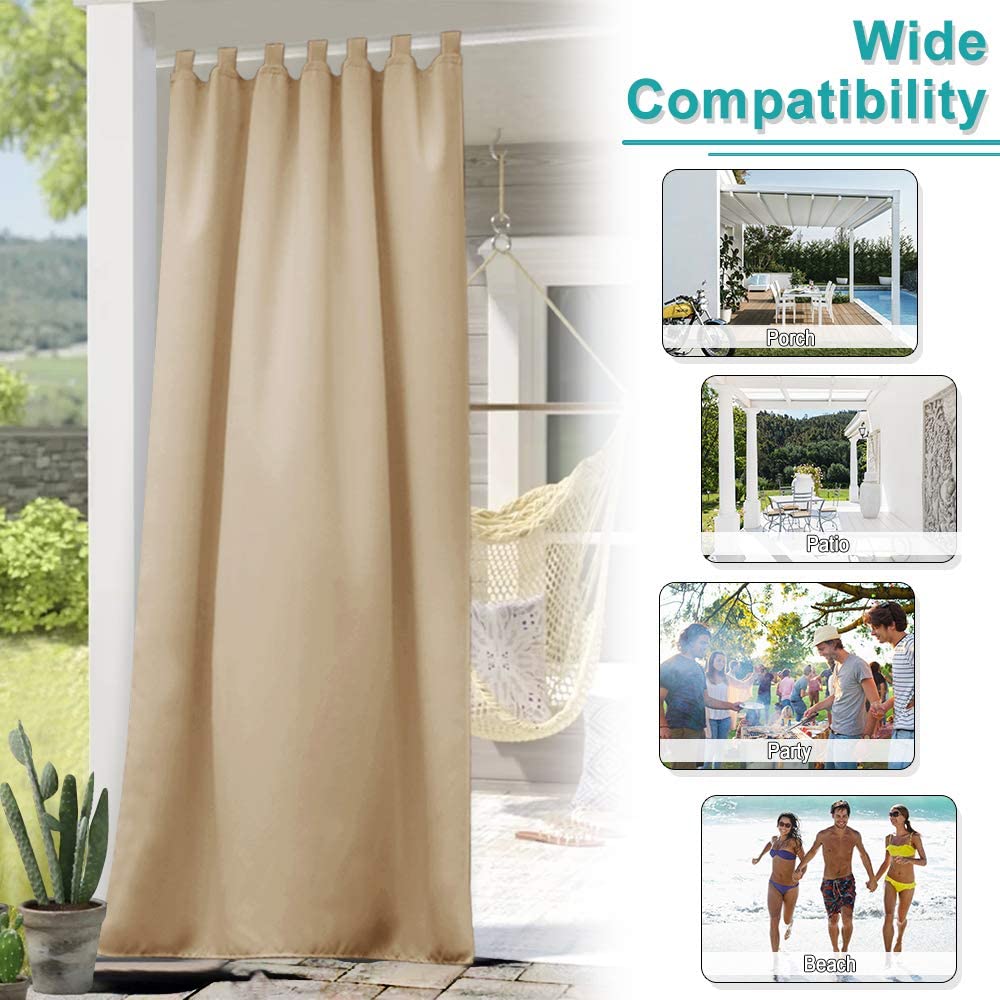Beige tab top outdoor curtain on a porch, demonstrating wide compatibility for patios, outdoor parties, and beach use.