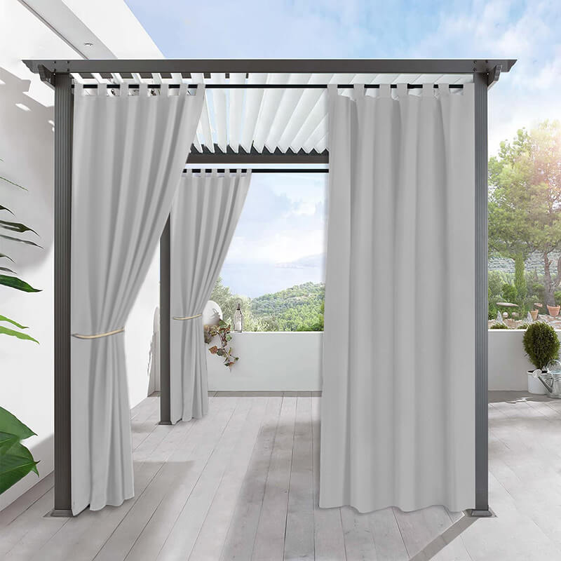 KGORGE light gray waterproof tab top outdoor curtains on a pergola deck, tied back and closed for privacy.