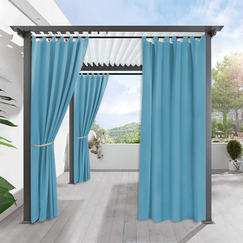 Turquoise blue tab top waterproof outdoor curtains on a modern pergola, offering shade, privacy, and weatherproof protection for a deck.