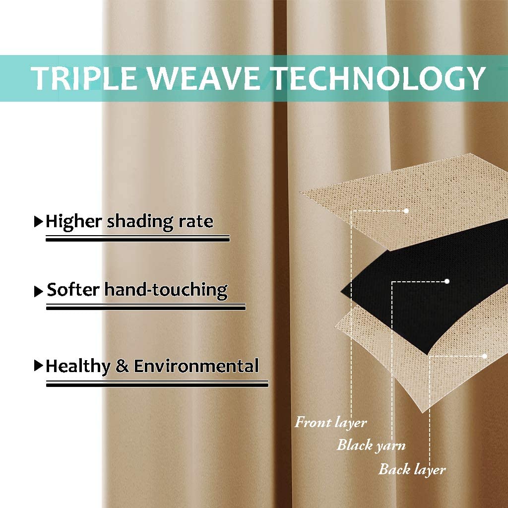 Exploded view diagram of triple weave technology in beige outdoor curtains, showing blackout layers for high shading rate, waterproofing, and privacy.