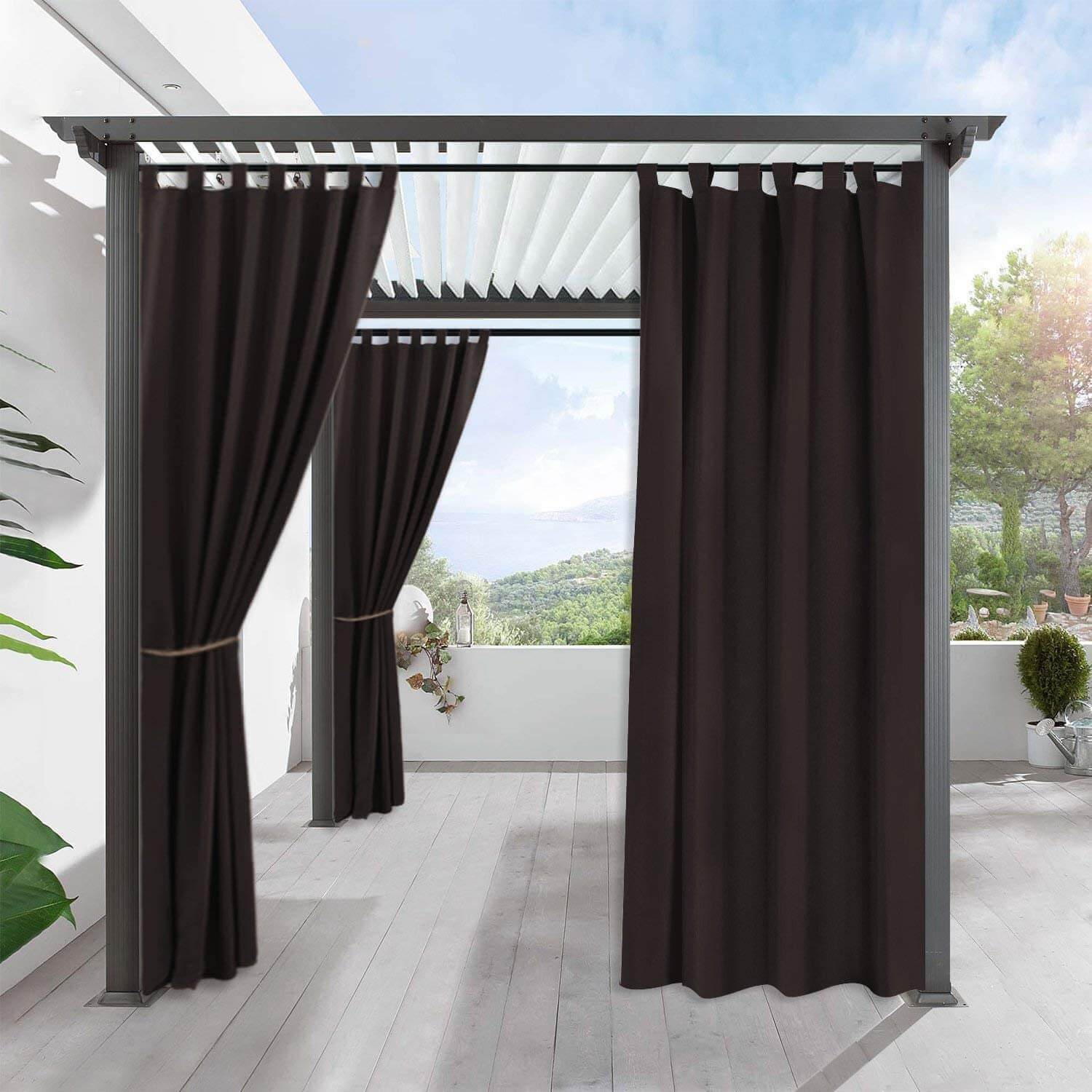 Espresso brown waterproof tab top outdoor curtains on a modern pergola, providing porch and deck shade & privacy.