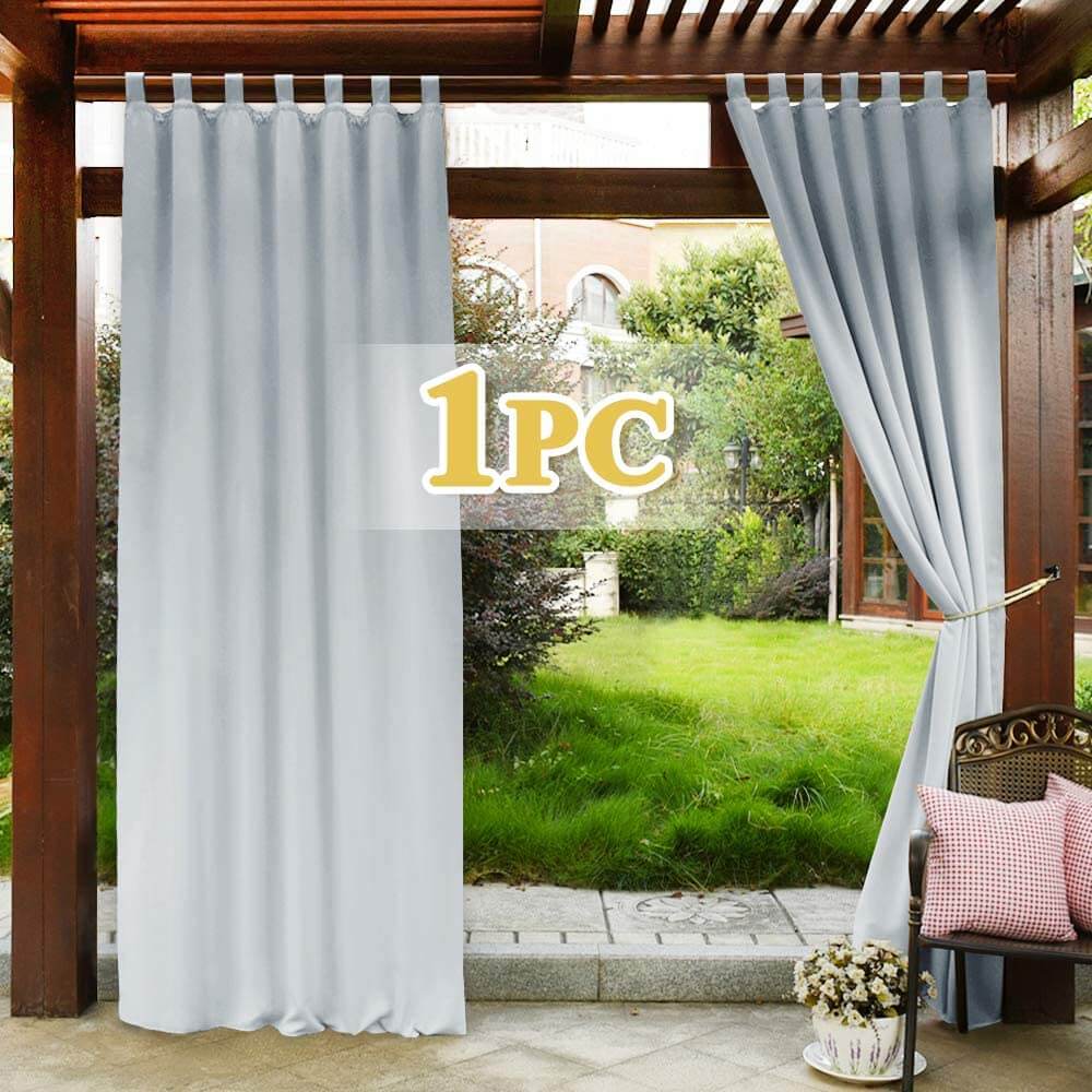 KGORGE single light grey waterproof tab top outdoor curtain panel on a porch deck pergola, providing shade & privacy.