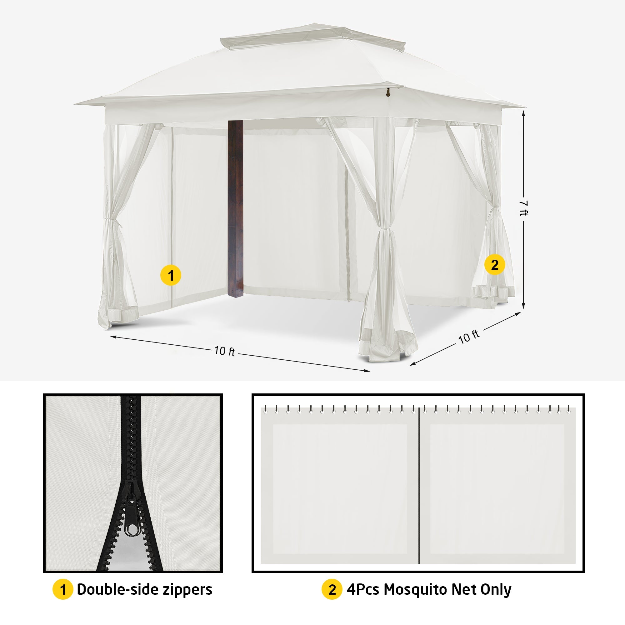 Beige 10x10ft outdoor gazebo with zipped sheer mosquito netting sidewall panels & tie-backs. Double-sided zippers & 4-panel set.