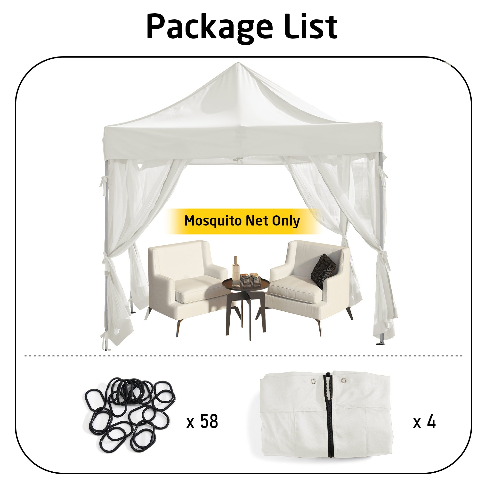 KGORGE outdoor zipped mosquito netting gazebo sidewall panel package list. Shows sheer tied-back panels on a gazebo, 58 rings, & 4 folded panels.