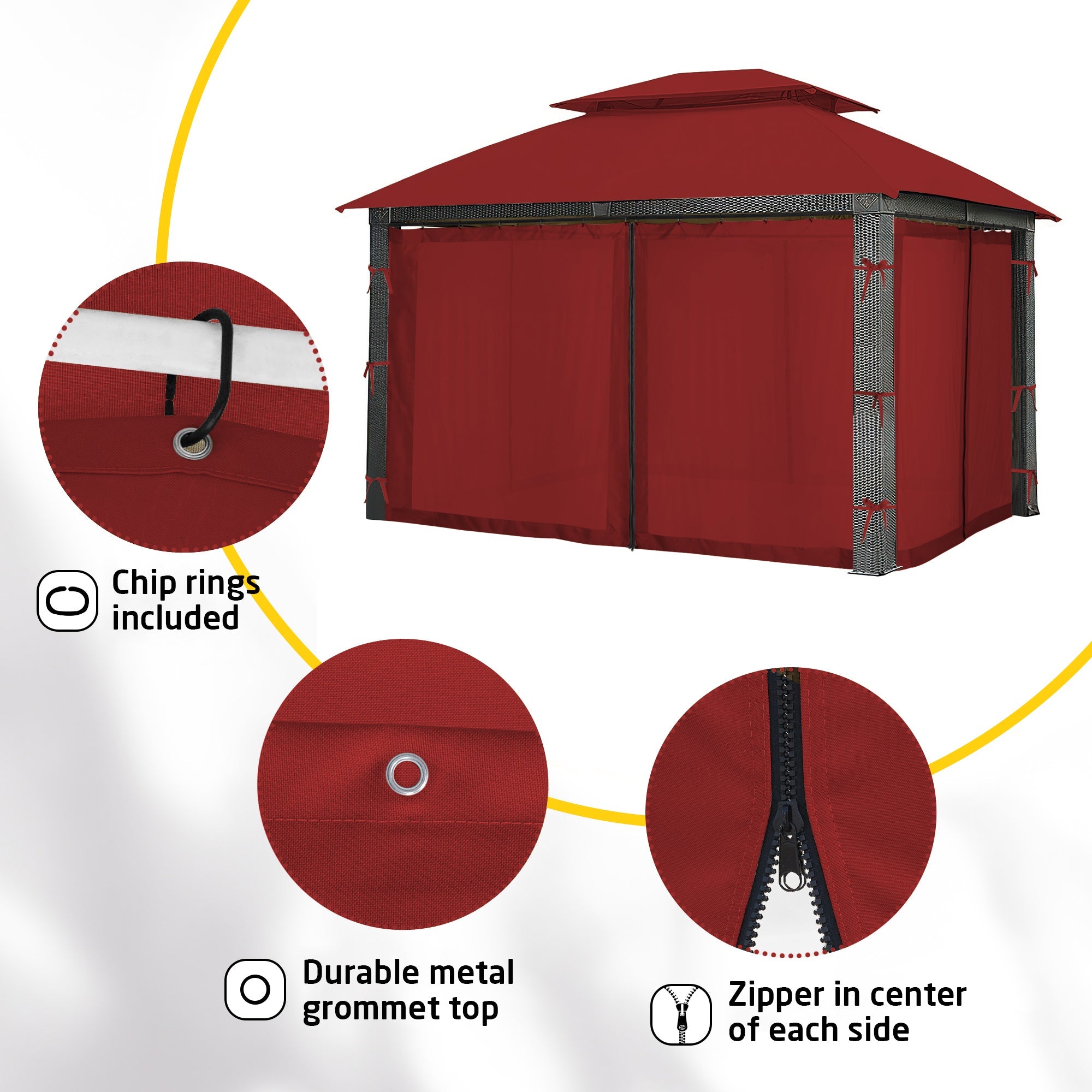 Red outdoor gazebo curtain panels with close-ups showing hanging chip rings, durable metal grommets, and central zippers for side closure.