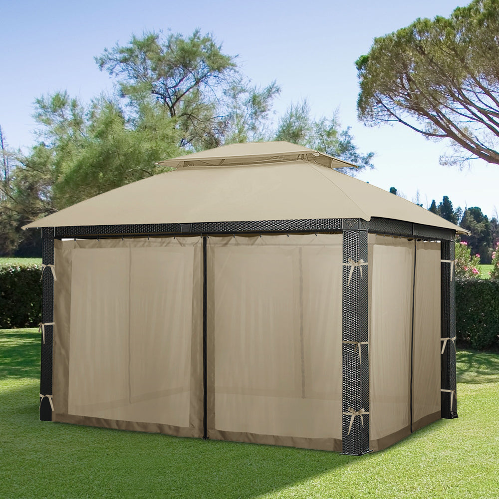 Beige outdoor gazebo with zipped mosquito netting sidewall sheer curtain panels & tie-backs, set of 4, on lawn.