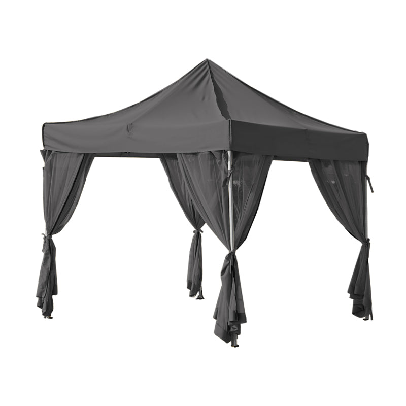 KGORGE dark grey outdoor gazebo with sheer mosquito netting sidewall curtain panels, neatly tied back, creating an inviting space.