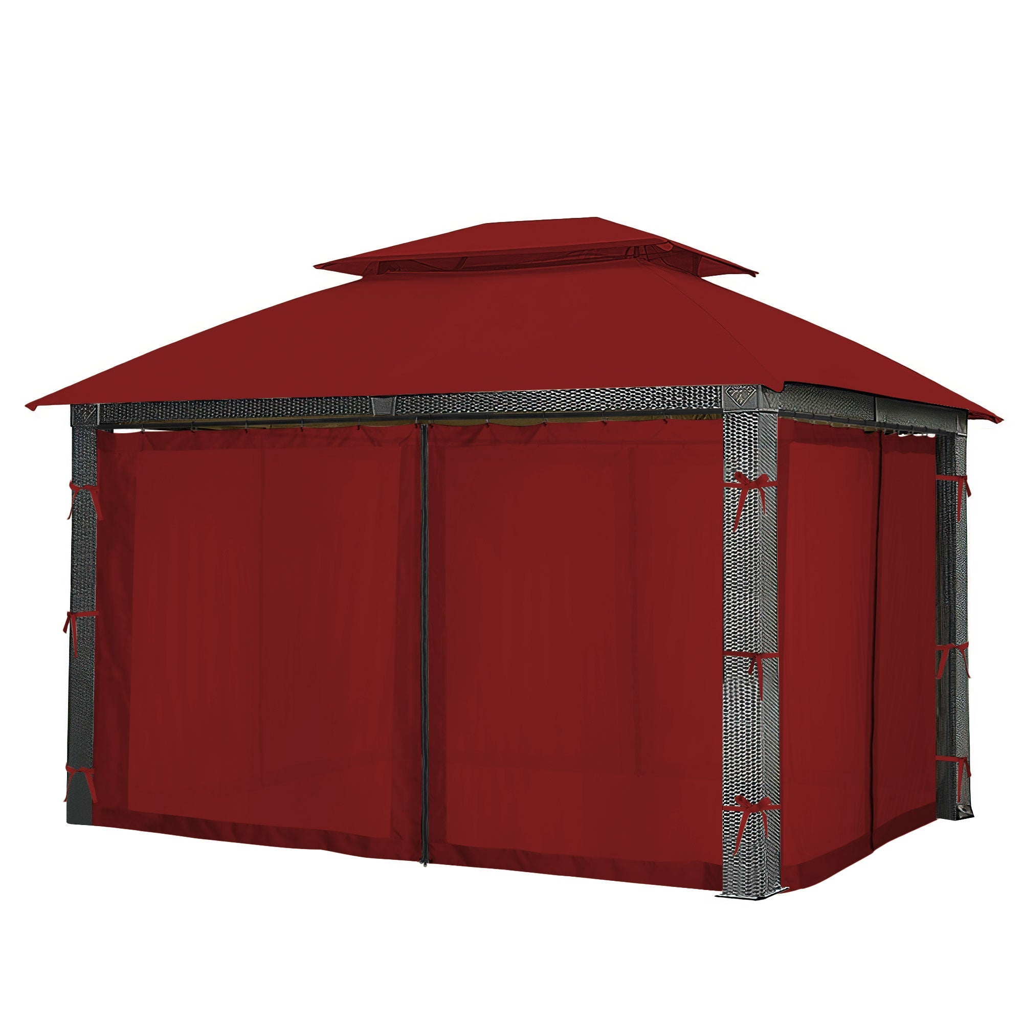 Red outdoor gazebo with zipped mosquito netting sidewall curtains and decorative tie-backs.