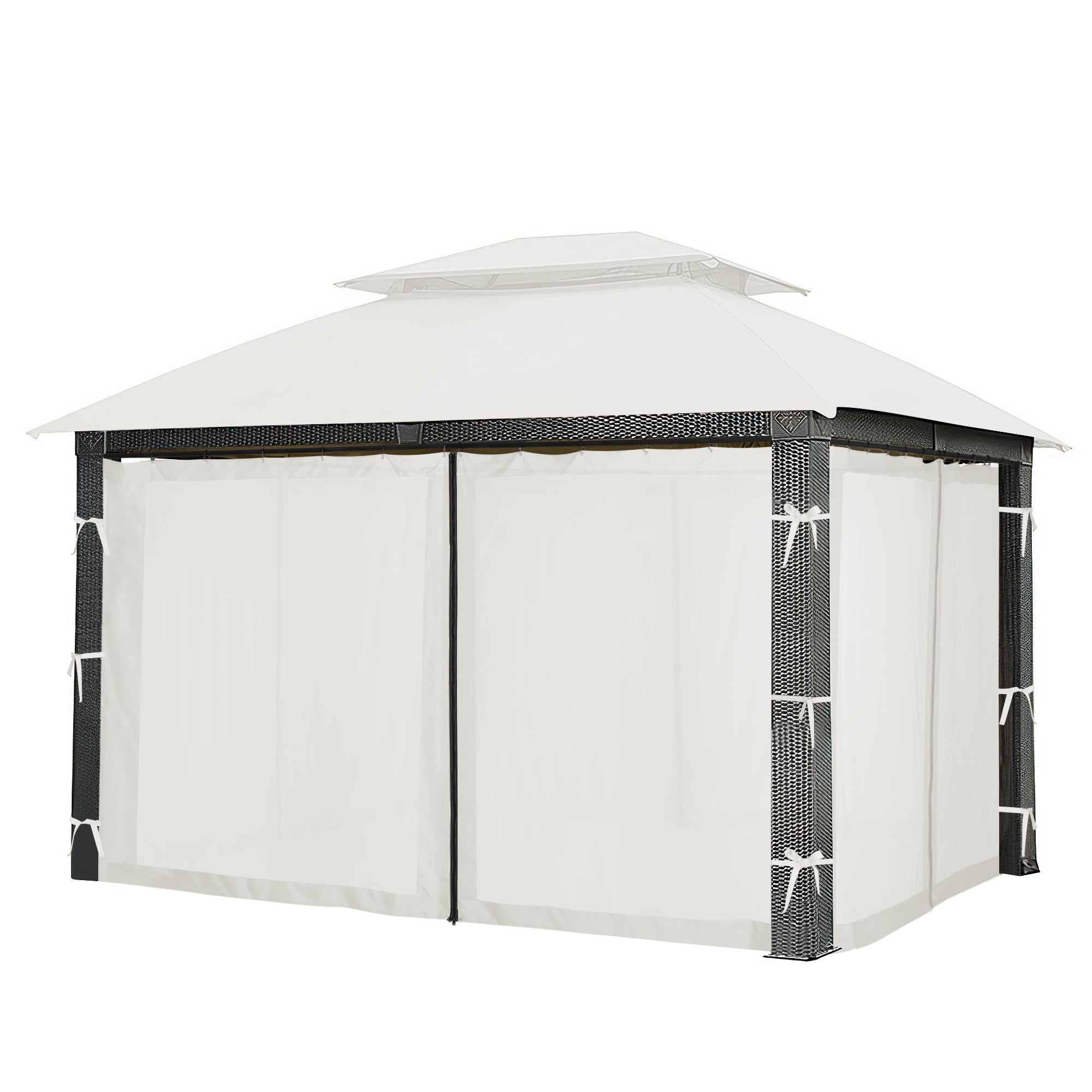 White outdoor gazebo with zipped mosquito netting sheer curtain panels & tie-backs, creating a private patio oasis.