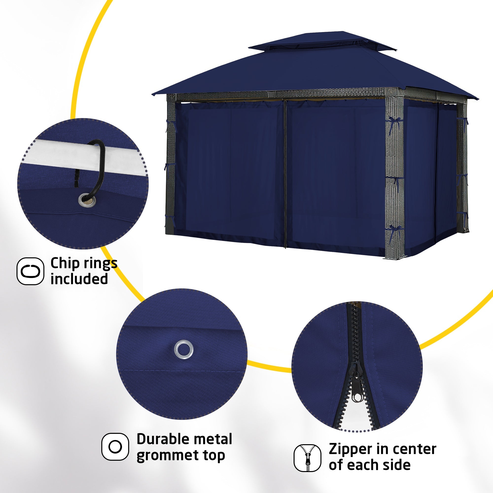 Navy blue zipped outdoor gazebo sidewall curtain panels with tie-backs; shows metal grommets, chip rings, and zipper detail.