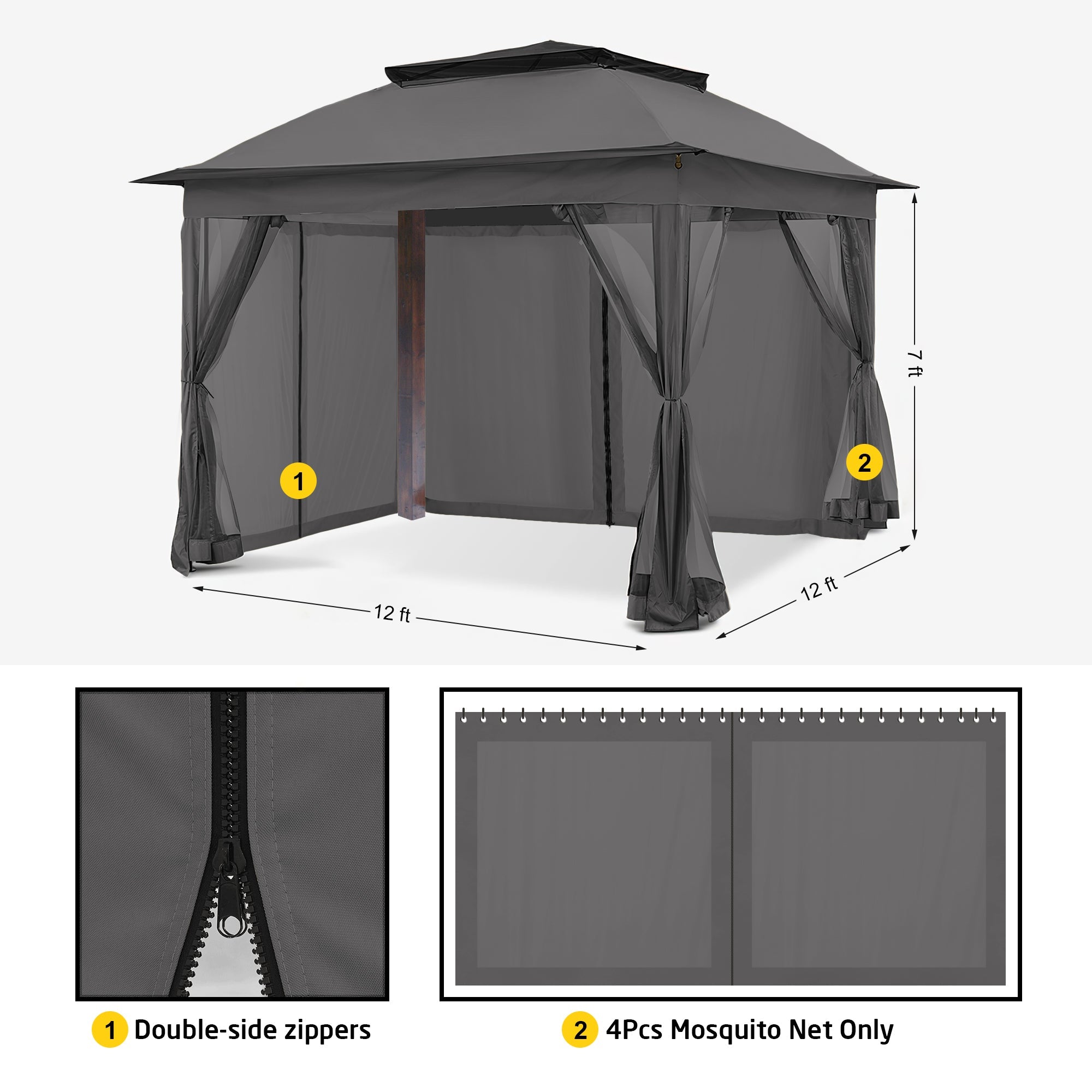 Dark grey outdoor zipped mosquito netting gazebo sidewall sheer curtain panels with tie-backs. Features double-side zippers & 4 panels.