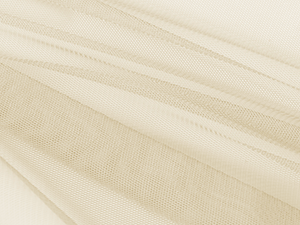 Close-up of light beige sheer mosquito netting fabric, highlighting fine mesh texture for outdoor gazebo curtain panels.