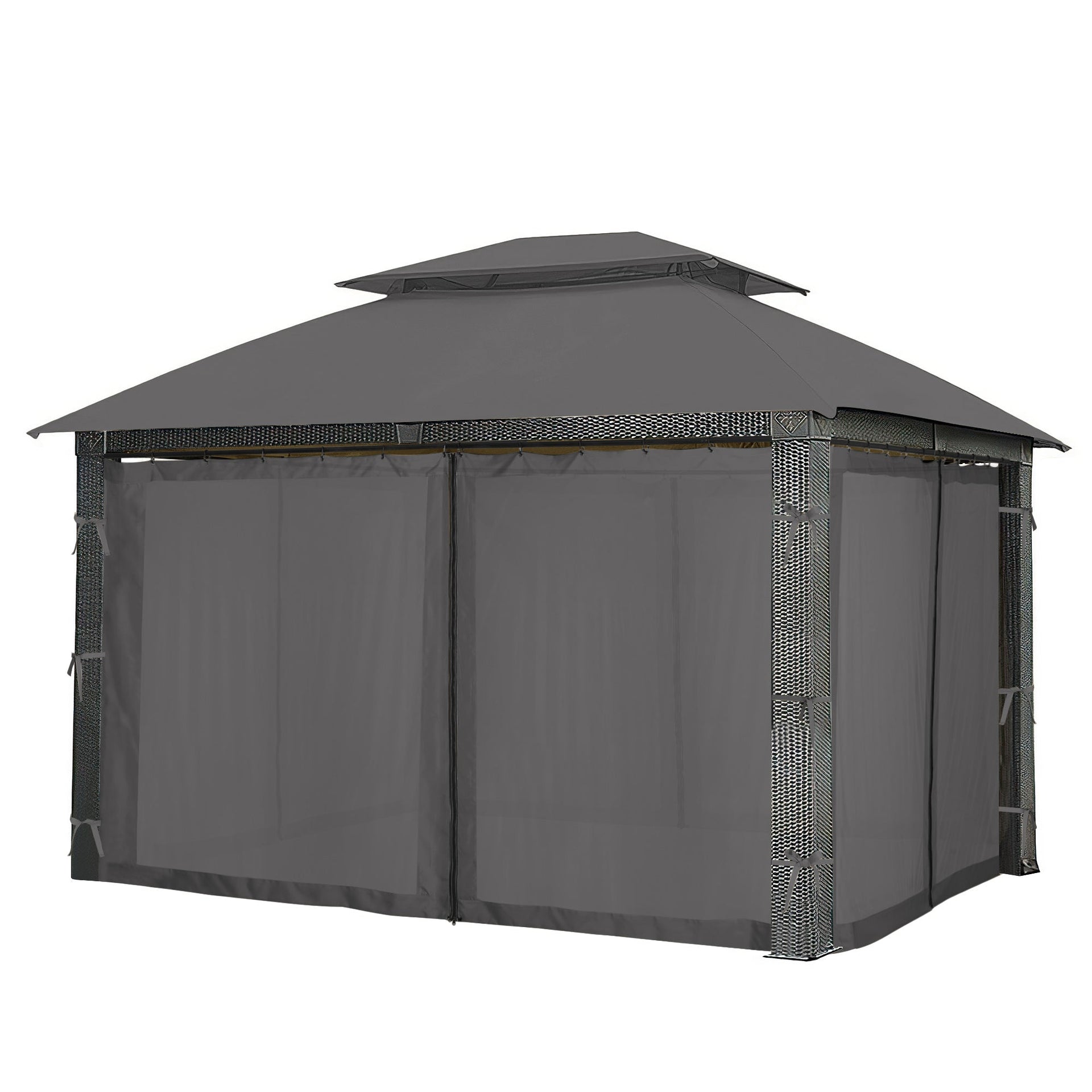 Grey outdoor gazebo featuring four zipped mosquito netting sidewall sheer curtain panels with tie-backs for privacy & pest control.