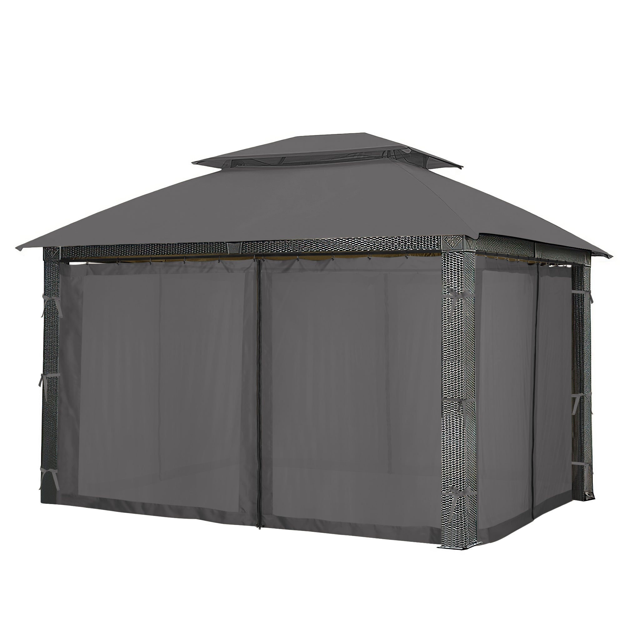 Grey outdoor gazebo featuring four zipped mosquito netting sidewall sheer curtain panels with tie-backs for privacy & pest control.