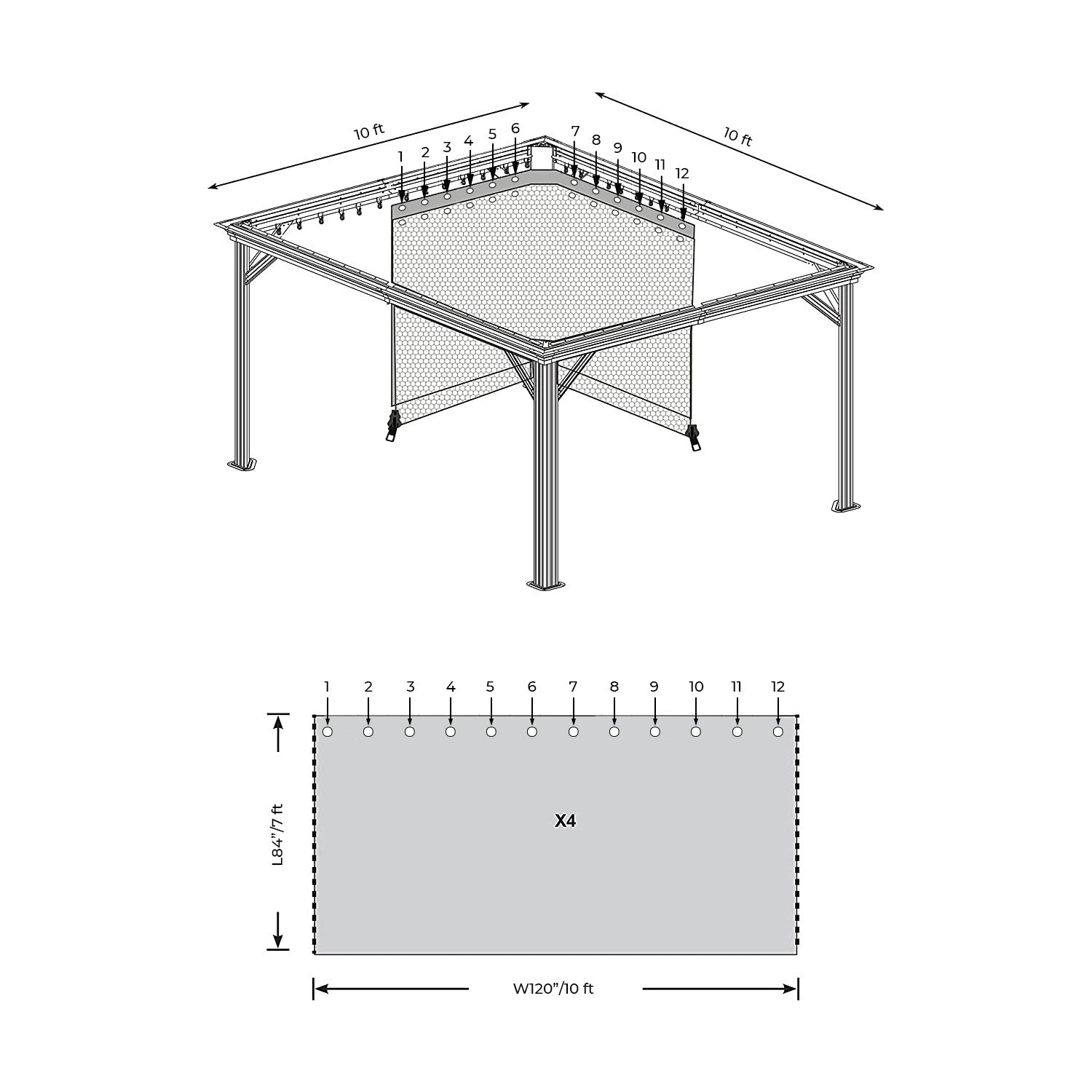 Diagram of outdoor zipped mosquito netting gazebo sidewall panels with tie-backs. Shows 7x10ft dimensions & set of 4.
