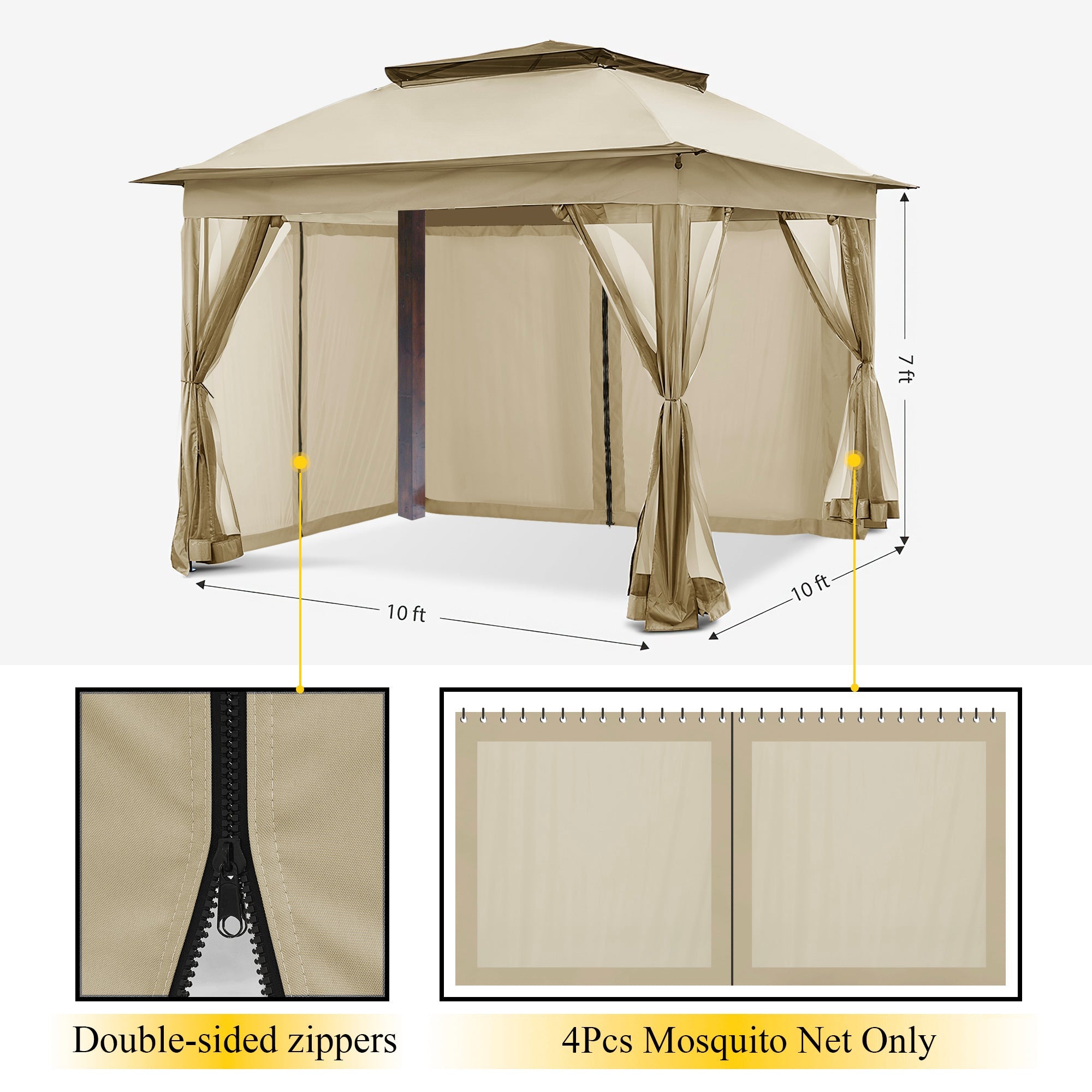 Beige outdoor gazebo with zipped mosquito netting sidewall panels & tie-backs, 10x10x7 ft. Features double-sided zippers & 4 sheer panels.