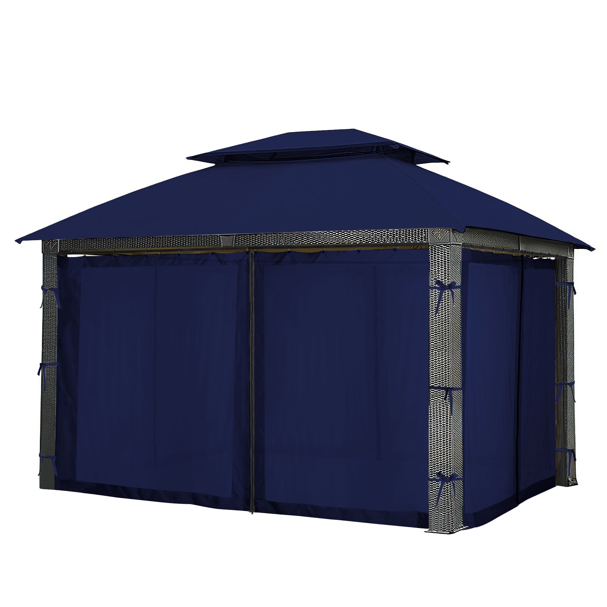 Navy blue outdoor gazebo featuring 4 zipped mosquito netting sidewall sheer curtain panels with tie-backs, fully enclosed.