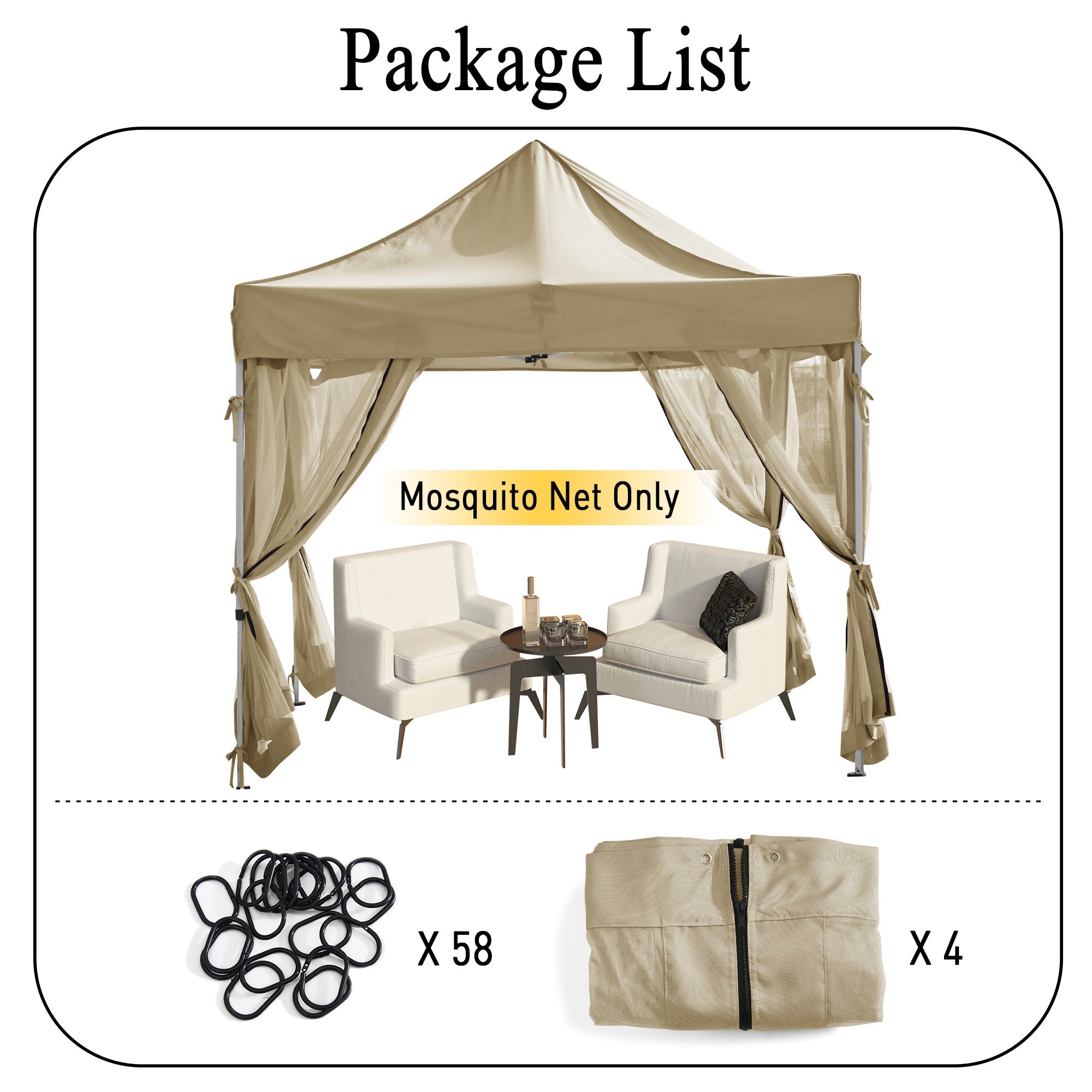 Beige outdoor zipped mosquito netting gazebo sidewall sheer curtain panels with tie-backs for patio privacy. Includes O-rings & 4 folded panels.