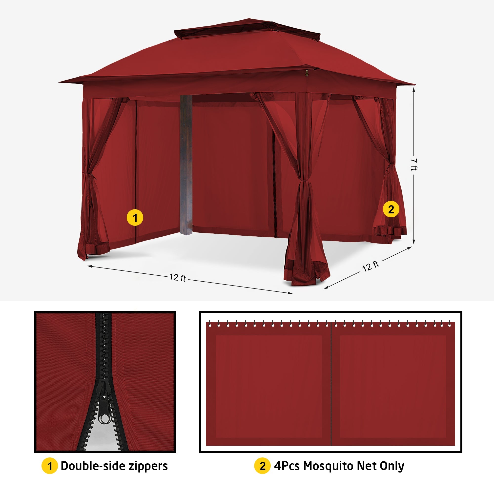 Set of 4 red zipped mosquito netting sheer curtain panels with tie-backs for outdoor gazebo sidewalls, showcasing zippers.