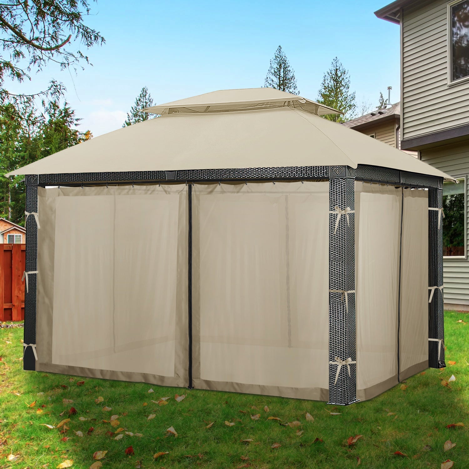 Beige outdoor gazebo with zipped mosquito netting sheer curtain sidewall panels, secured by tie-backs, providing pest protection.
