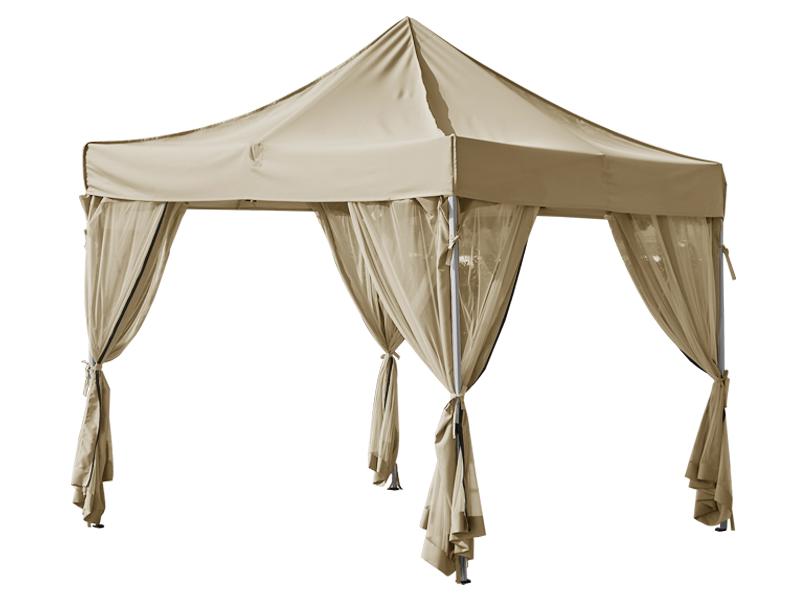 Beige outdoor gazebo with zipped mosquito netting sidewall sheer curtains tied back, offering shade and bug protection.