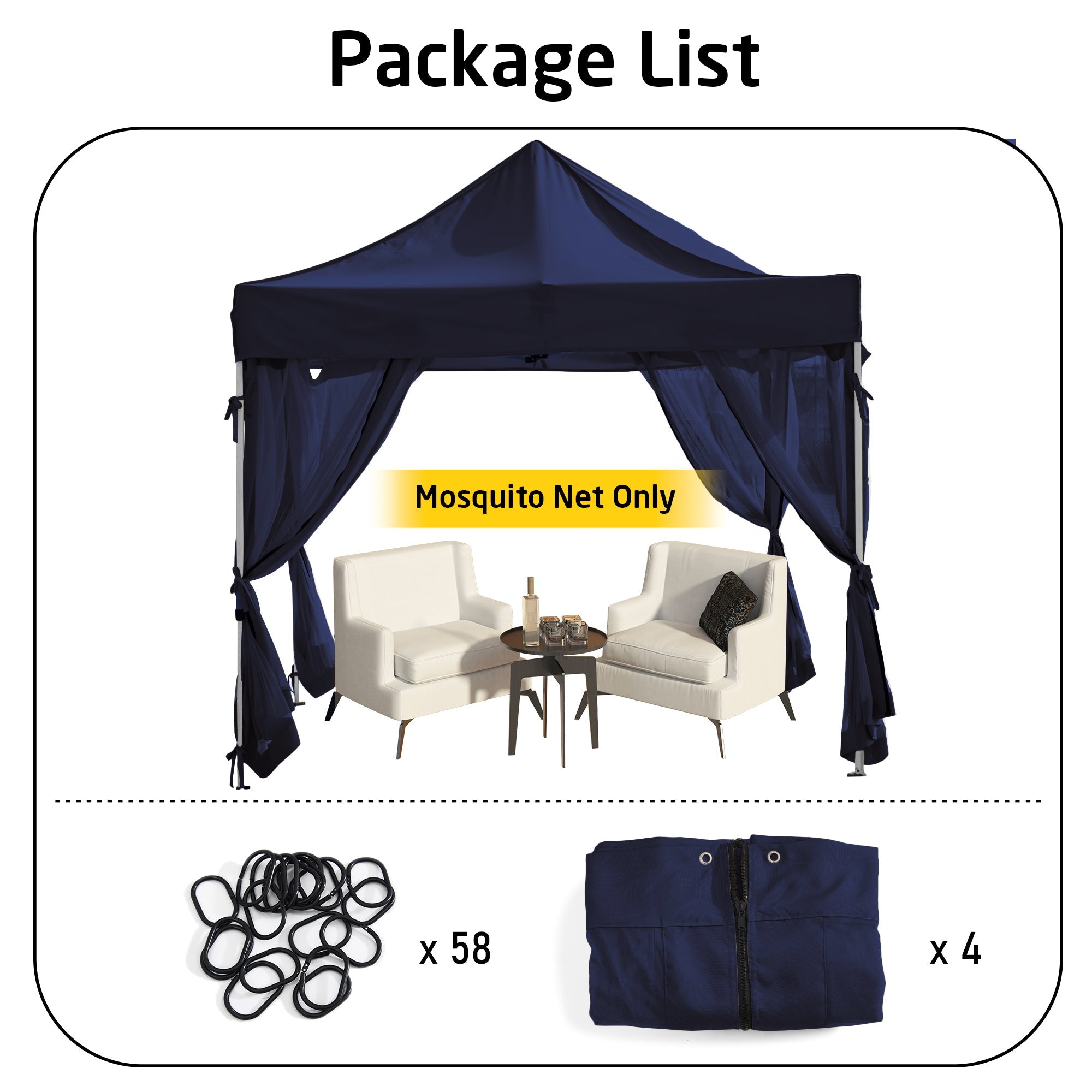 Package list: 4 dark blue outdoor zipped mosquito netting gazebo sidewall sheer curtain panels with tie-backs, and elastic loops.