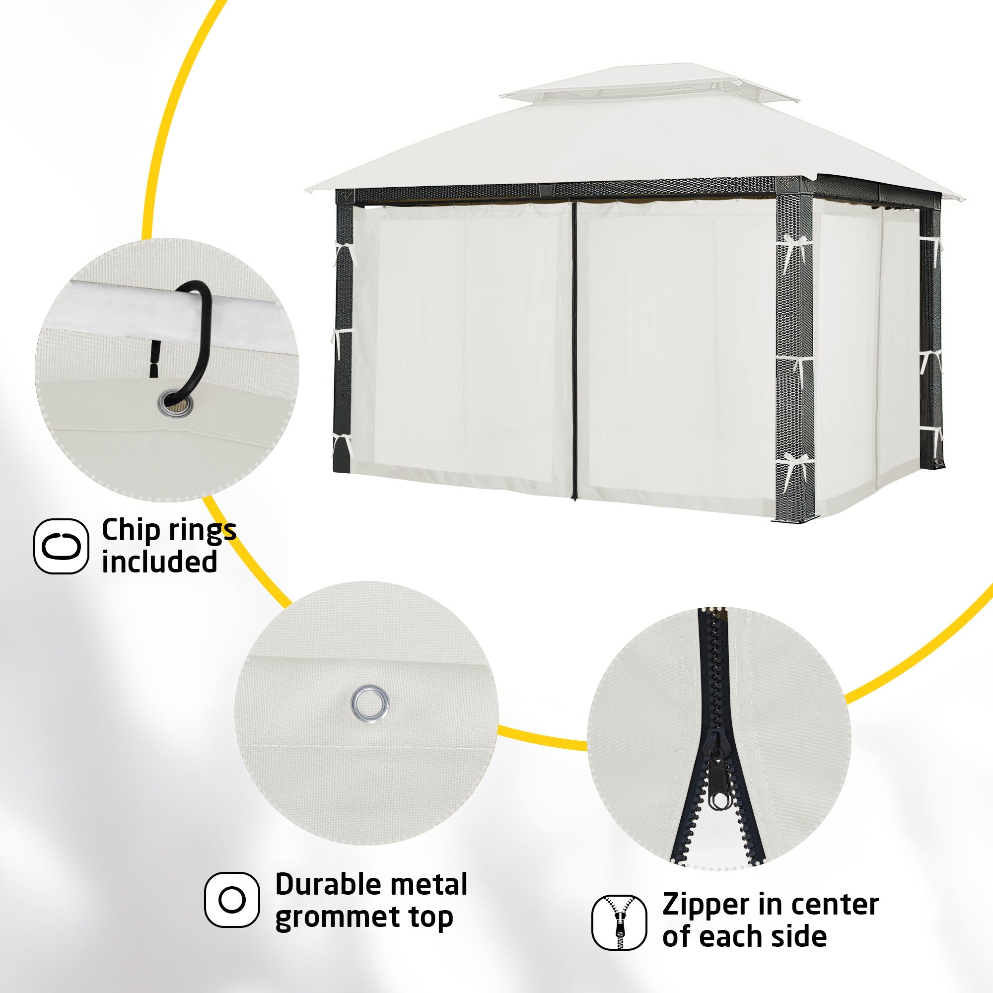 White sheer outdoor mosquito netting gazebo sidewall panels with central zippers, grommets, and rings.