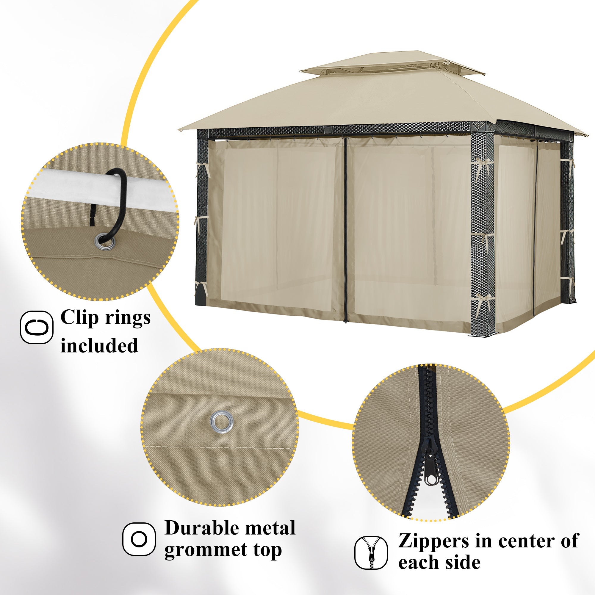 Beige outdoor zipped mosquito netting gazebo sidewall sheer curtain panels. Close-ups show clip rings, durable metal grommets, and central zippers.