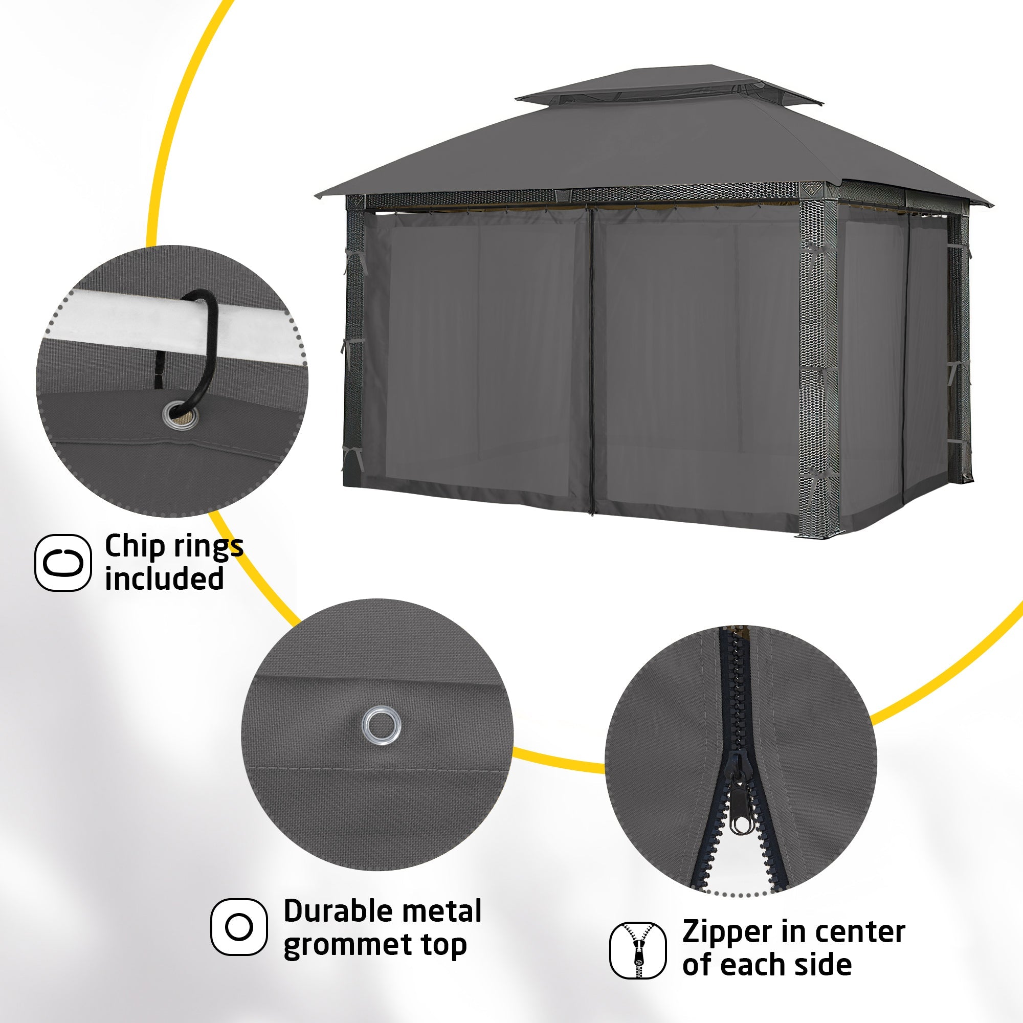 Dark grey gazebo with zipped mosquito netting sidewall sheer curtains, showcasing durable metal grommets & chip rings for easy installation.