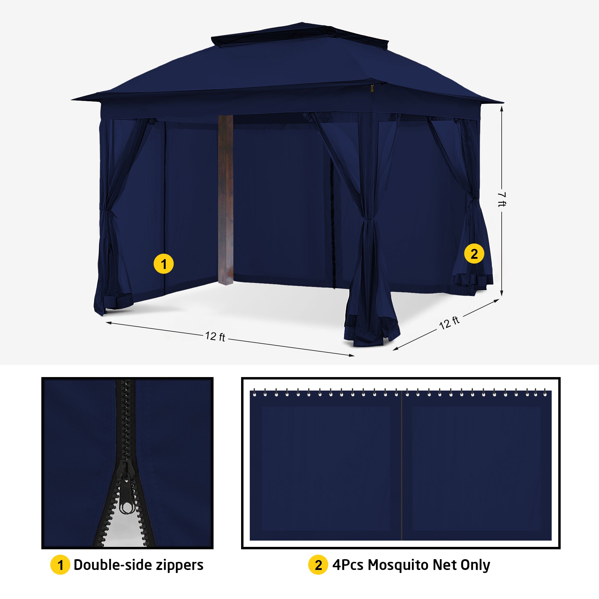 Navy blue zipped mosquito netting sheer curtain panels with tie-backs for outdoor gazebo, showing zippers & size 12x12x7 ft