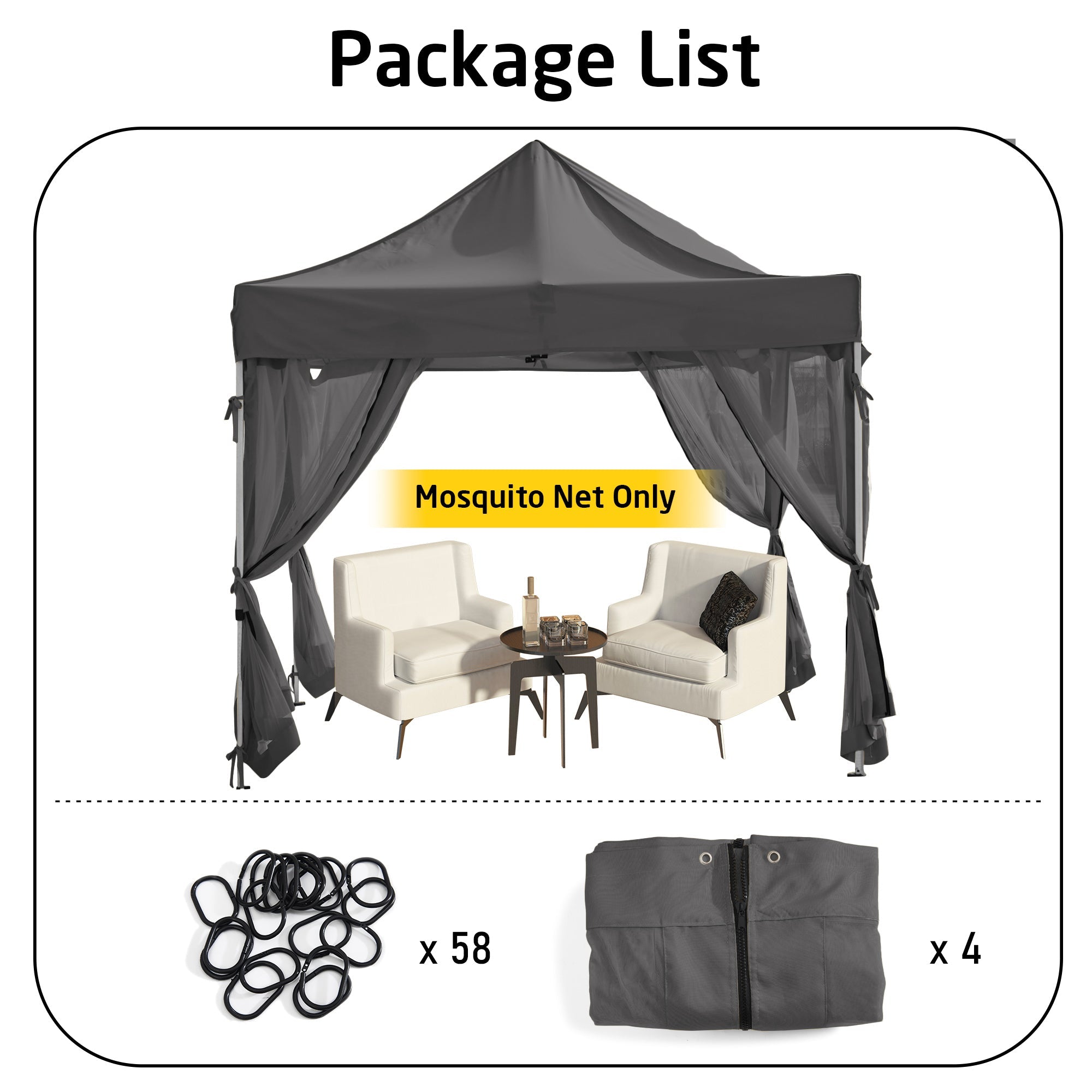KGORGE outdoor zipped mosquito netting gazebo sidewall sheer curtain panels with tie-backs: installed view, 4 folded panels & 58 rings.