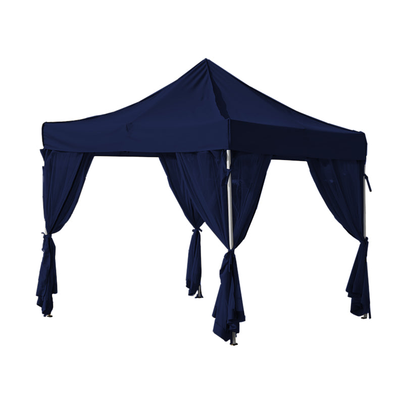 Dark blue gazebo with four sheer mosquito netting sidewall curtain panels tied back, offering outdoor privacy and insect protection.