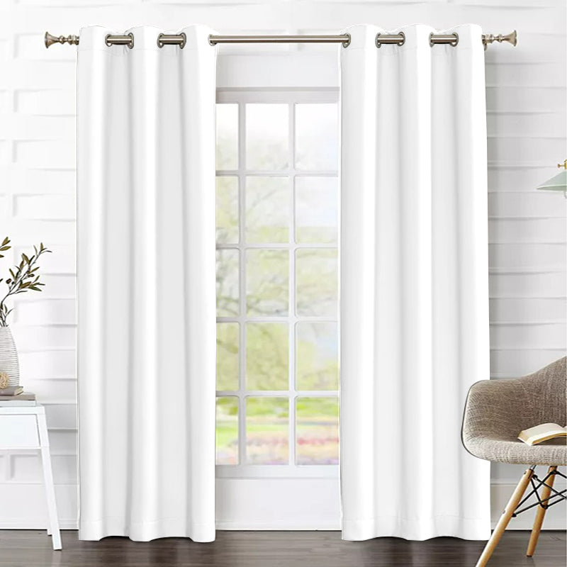 White grommet thermal insulated blackout weave curtains (2 panels) in a living room, partially open to reveal a window.