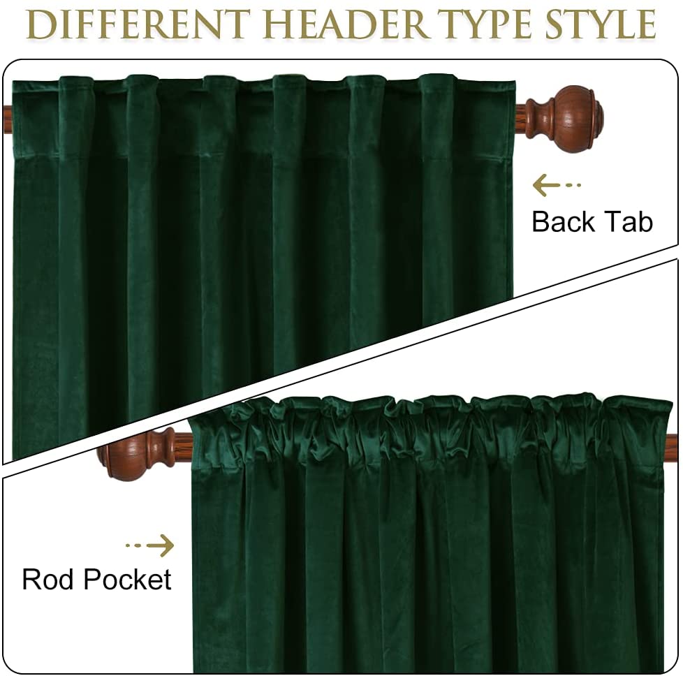 Dark green velvet blackout curtains demonstrating versatile back tab and rod pocket header styles for living rooms.