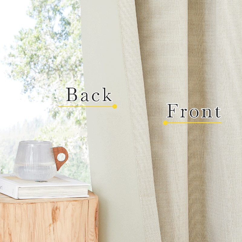 Plain beige blackout curtain fabric close-up: smooth back and textured front. Ideal for living room or bedroom privacy.
