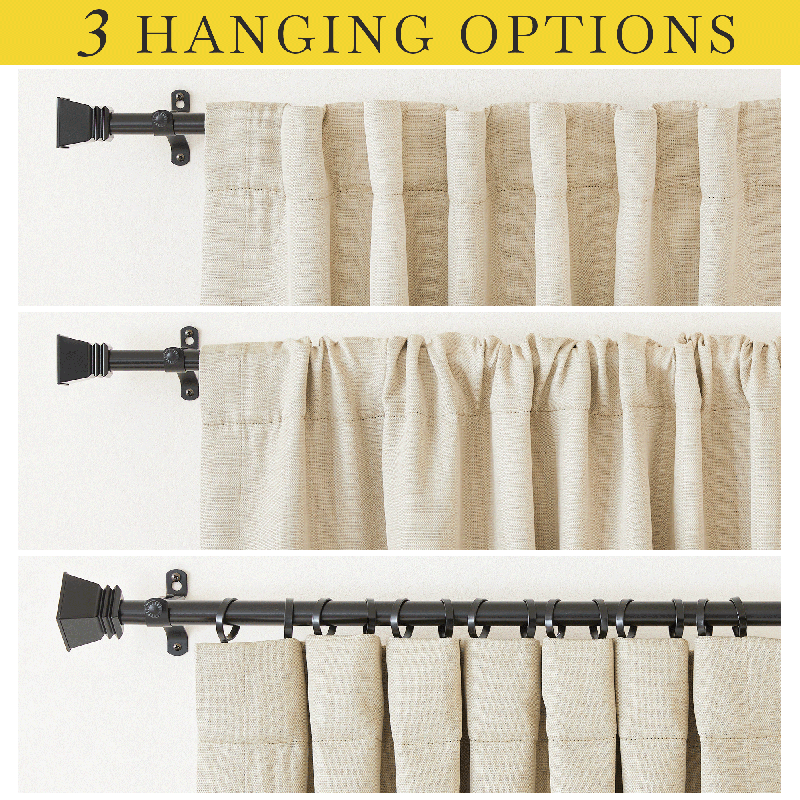 Plain light blackout curtains showing three hanging options: sleek back tab, gathered rod pocket, and with rings for living rooms & bedrooms.