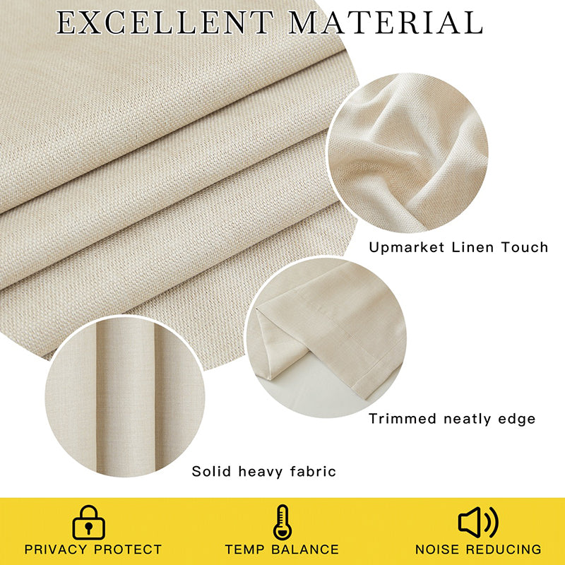 Beige blackout curtain fabric with heavy, linen-like texture & neat finish. Offers privacy, temp balance, noise reduction.