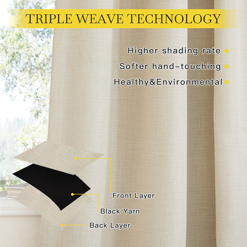 Triple weave blackout curtain fabric showing front, black yarn, and back layers. Highlights high shading rate and soft texture.