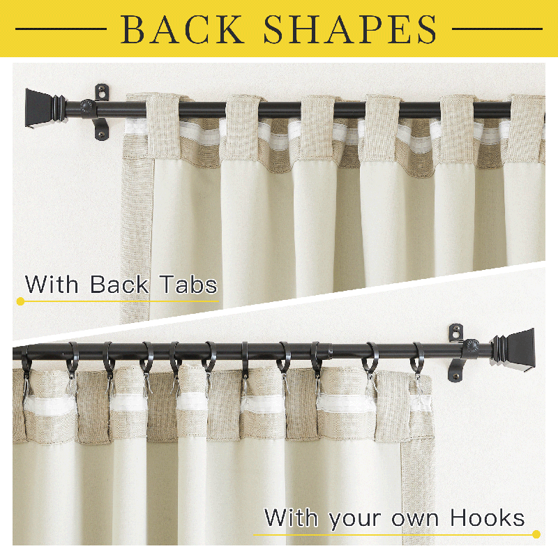 Plain blackout curtains demonstrating back tab hanging on a rod and with rings/hooks; ideal for living room & bedroom.