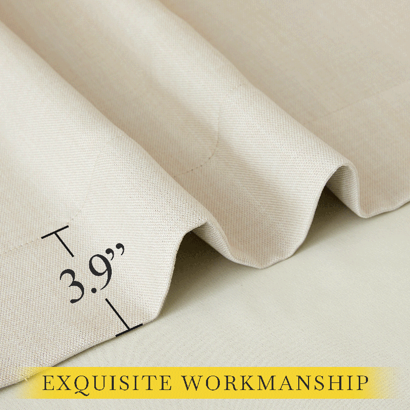 Close-up of durable plain beige blackout curtain fabric, detailing 3.9" rod pocket/back tab for living room & bedroom.